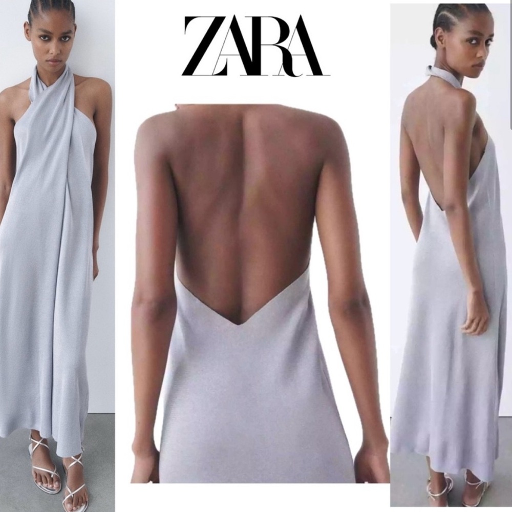 Zara Gray silver metallic glitter thread crisscross halter top midi dress S NWOT - Picture 2 of 2
